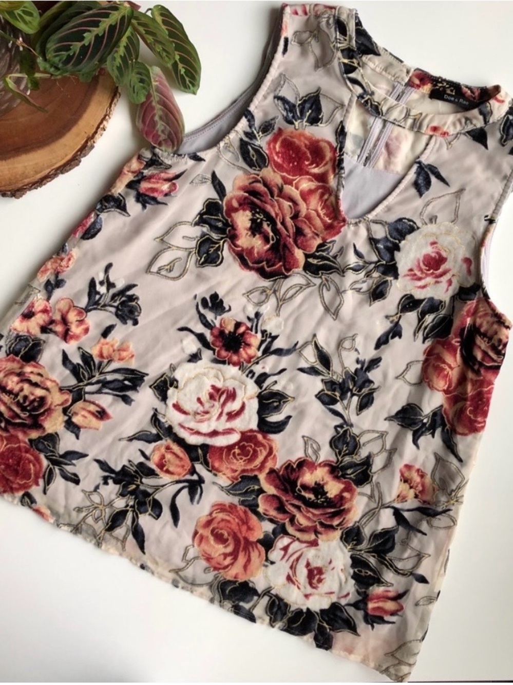 Doe & Rae Crushed Velvet Sleeveless Floral V-Neck Top - Blush with Rose Print